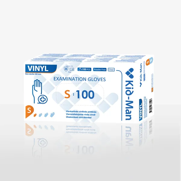 Vienkartinės pirštinės KID-MAN, permatomos, vinilinės, dydis S, nepudruotos, 100 vnt