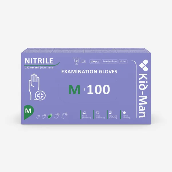 Vienkartinės pirštinės KID-MAN, violetinės, nitrilinės, dydis M, nepudruotos,100 vnt