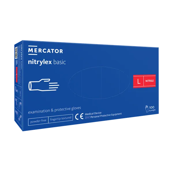 Vienkartinės pirštinės NITRYLEX Basic, nitrilinės, nepudruotos, mėlynos spalvos, L, 100 vnt.