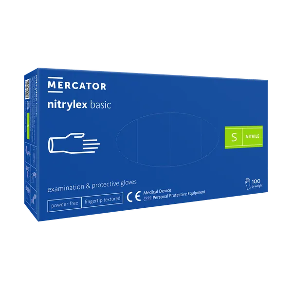 Vienkartinės pirštinės NITRYLEX Basic, nitrilinės, nepudruotos, mėlynos spalvos, S, 100 vnt.