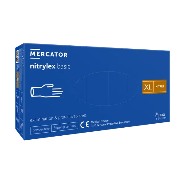 Vienkartinės pirštinės NITRYLEX Basic, nitrilinės, nepudruotos, mėlynos spalvos, XL, 100 vnt.