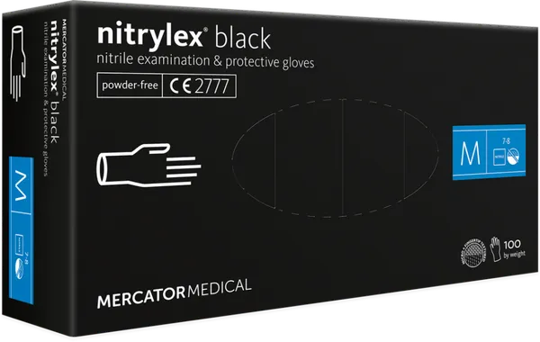 Vienkartinės pirštinės NITRYLEX PF, nitrilinės, nepudruotos, juodos spalvos, M, 100 vnt.