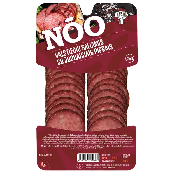 Virtas karštai rūkytas saliamis Valstietis, su pipirais, pjaustytas, 90 g