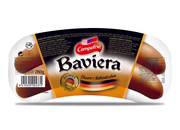 Vārīti un kūpināti cūkgaļas un mājputnu cīsiņi "Baviera", 260g