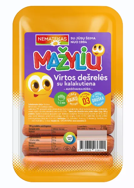 Virtos MAŽYLIŲ dešrelės, su kalakutiena, vitaminu D ir joduota druska, a.r., 210 g