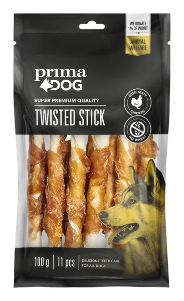Vištienos ir apdorotos odos lazdelė, PrimaDog, 13 cm, 11 vnt, 100g
