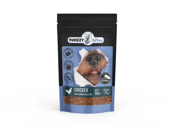 Suņu gardums YUMZZY BITES vistas un mencas rullīši, 75g