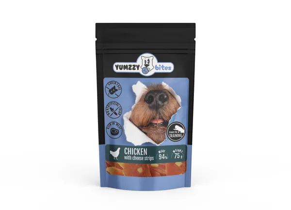 Suņu gardums YUMZZY BITES vistas strēmelītes ar sieru, 75g