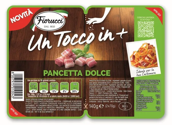 Vytinta kiaulienos šoninė FIORUCCI, Pancetta di suino, kubeliais, a.r., 2x70g