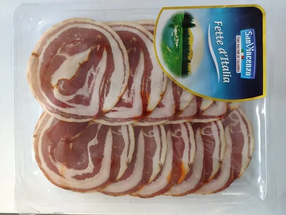 Vytinta šoninė PANCETTA ARROTOLATA, aštri, griežinėliais, 120 g