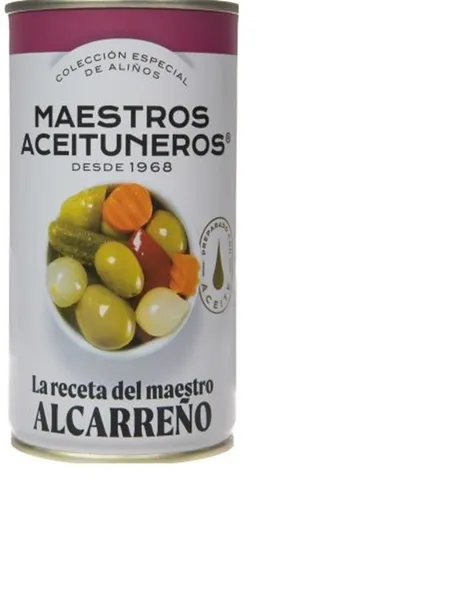 Žalios alyvuogės MAESTROS ACEITUNEROS, su raudonaisiais čili pipi., agurk., mork., svog., 350g/185 g
