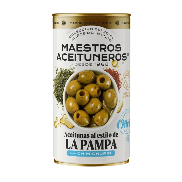 Žalios be kauliukų alyvuogės MAESTROS ACEITUNEROS, „Pampa“ skonio, su čimičiuri padažu, 320/150 g