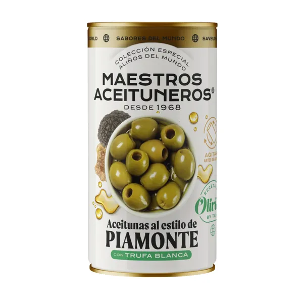 Žalios be kauliukų alyvuogės MAESTROS ACEITUNEROS, „Piamonte“ su baltųju trumų skoniu, 320/150 g
