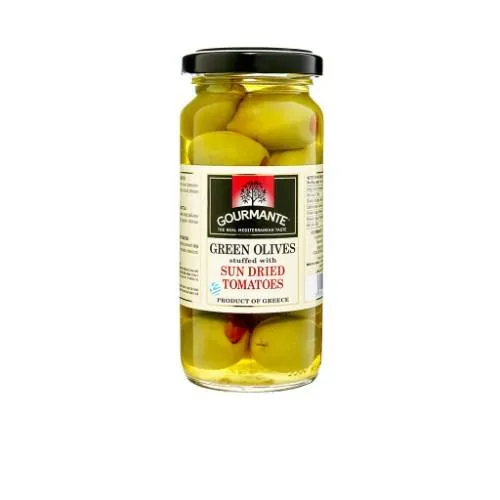 Žaliosios alyvuogės GOURMANTE, įdarytos saulėje džiovintais pomidorais, sūryme, 227 g/127 g