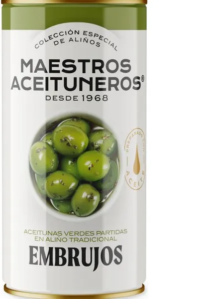 Žaliosios alyvuogės su kauliukais MAESTROS ACEITUNEROS Campo Real, su aliej., prieskon., 4,2/2,5 kg