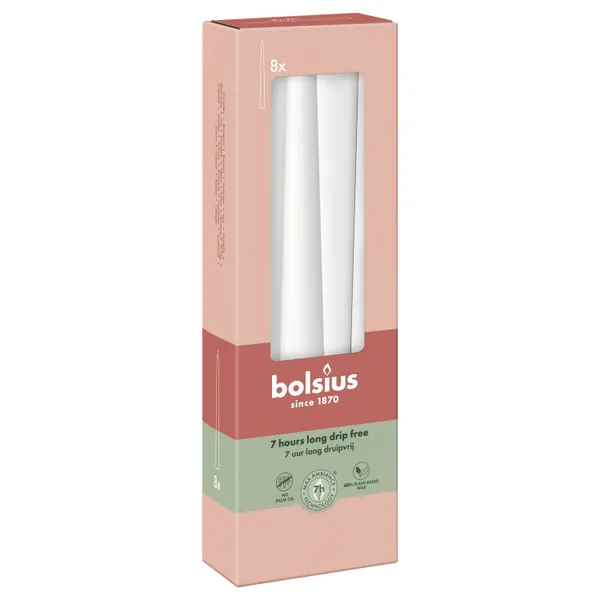 Žvakė BOLSIUS, balta, D 2,3 cm, L 24,5 cm, 7,5 h, 8 vnt.