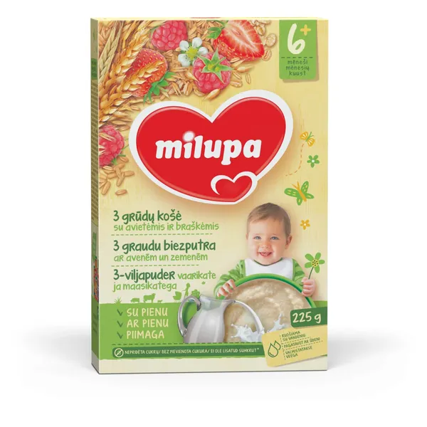 3 grūdų pieniška košė su uogomis MILUPA, nuo 6 mėn, 225 g