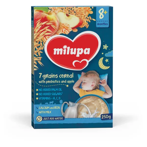 7 grūdų pieniška košė su obuoliais ir prebiotikais MILUPA, nuo 8 mėn, 250