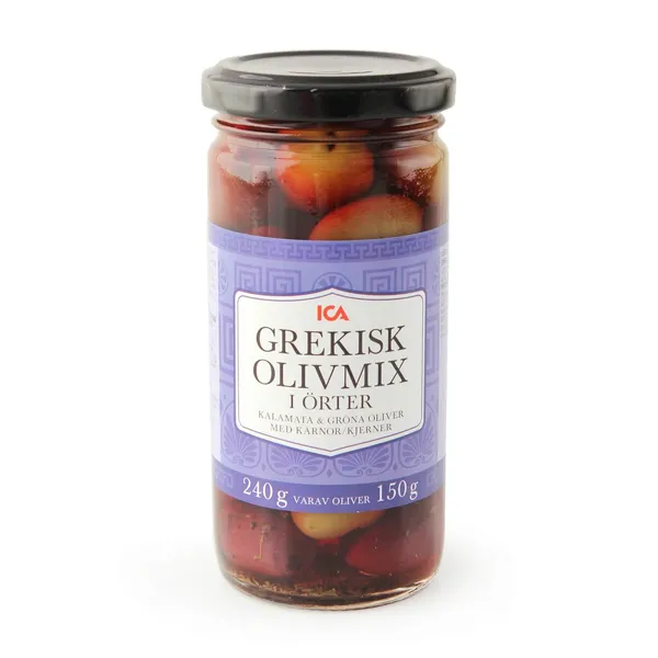 Graikiškų alyvuogių KALAMATA su kauliukais mišinys su žolelėmis ICA, 240 g