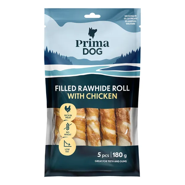 Įdarytas apdorotos odos suktinis, PrimaDog, su vištiena 13cm, 5vnt, 180g