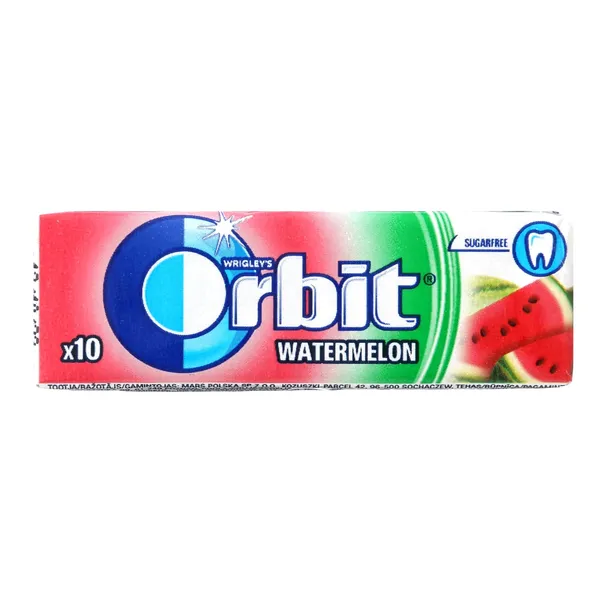 Becukrė arbūzų skonio kramtomoji guma su saldikliais ORBIT, 10 vnt, 14 g