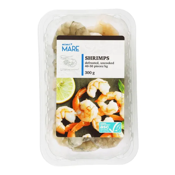 Atitirpintos baltakojės blyškiosios krevetės RIMI, ASC, 40/50, 300 g