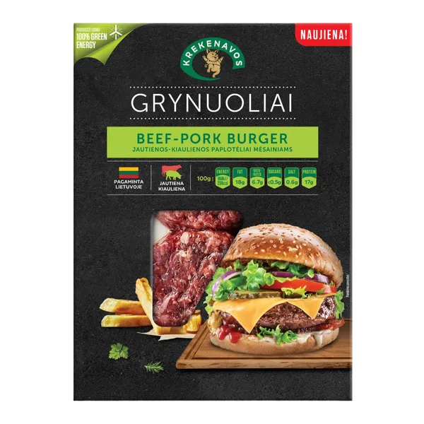 Atšaldyti kiaulienos ir jautienos burgerių paplotėliai GRYNUOLIAI SKIN, 220 g