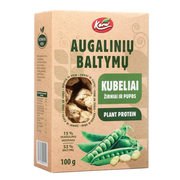 Augalinių baltymų kubeliai KORNI iš žirnių ir pupų baltymų koncentrato, 100 g