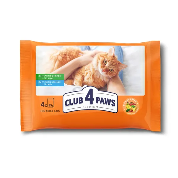 Aukščiausios kokybės šlapias kačių ėdalas su vištiena ir lašiša CLUB 4 PAWS, 4 x 85 g