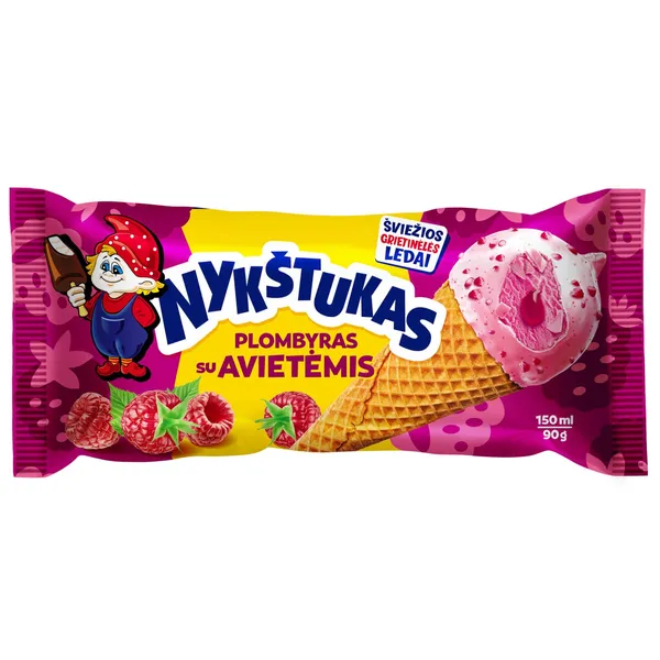 Aviečių skonio plombyras NYKŠTUKAS, su aviečių įdaru ir jogurtiniu glaistu, aviečių gabaliukais vafliniame ragelyje, 150 ml / 90 g