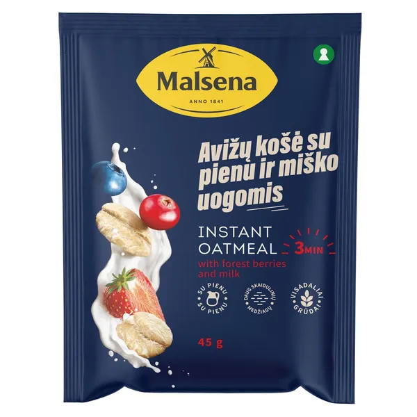 Avižinė košė su pienu ir miško uogomis MALSENA, 45 g