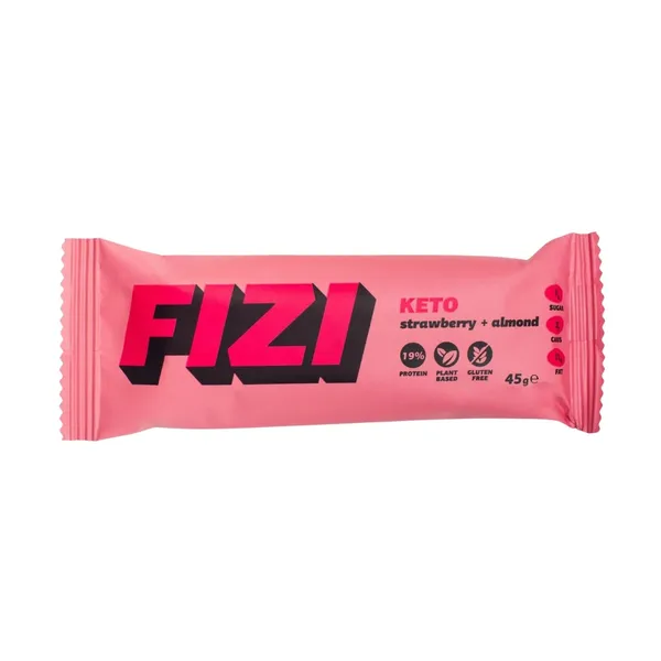 Baltymininis batonėlis su braškėmis ir migdolais KETO FIZI su saldikiu, 45 g