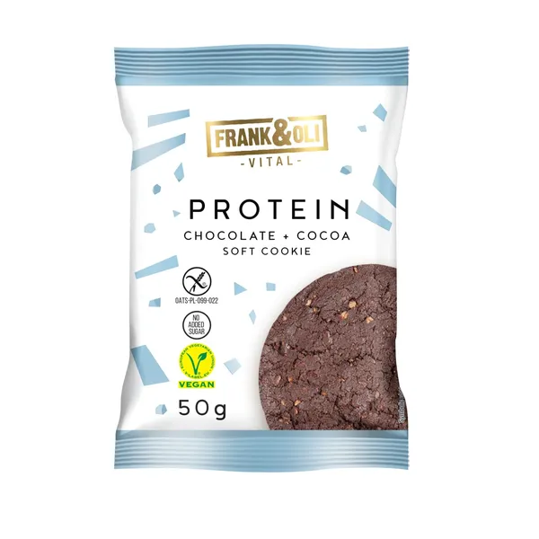Baltyminis sausainis su šokoladu ir kakava FRANK&OLI, su saldikliu, 50 g