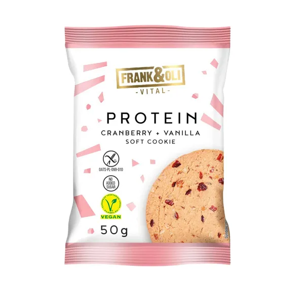 Veganiškas baltyminis sausainis su žemės riešutų pasta, spanguolėmis ir vanile FRANK&OLI, 50 g