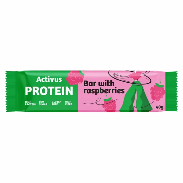 Baltyminis batonėlis su avietėmis, glaistytas šokoladu su saldikliais ACTIVUS, 40 g