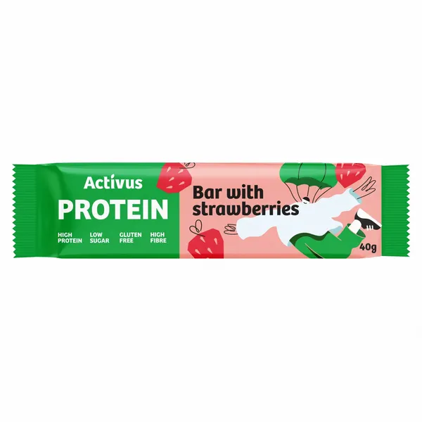 Baltyminis batonėlis su braškėmis, glaistytas šokoladu su saldikliais ACTIVUS, 40 g