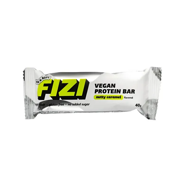 Baltymininis batonėlis su žemės riešutais, lazdyno riešutais ir karamele su šokolado glaistu NUTTY CARAMEL FIZI su saldikliais, 40 g