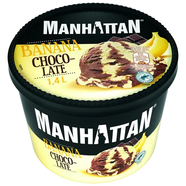 Bananiniai - šokoladiniai valgomieji ledai MANHATTAN, 1,4 l / 742 g