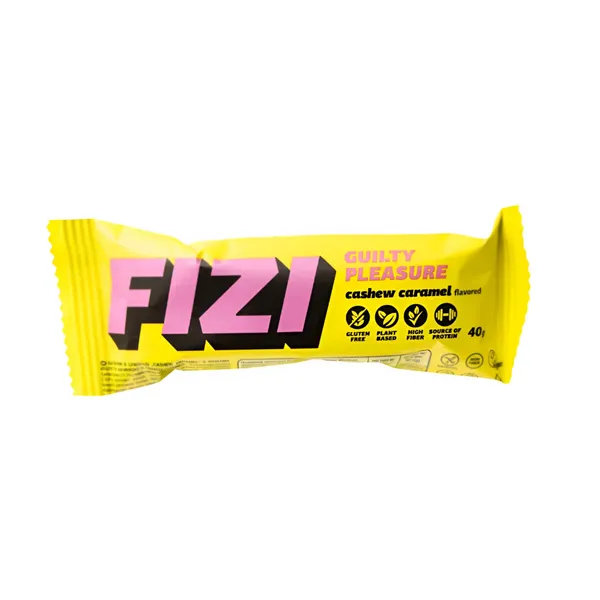 Batonėlis su šokolado glaistu CASHEW CARAMEL FIZI su saldikliais, 40 g