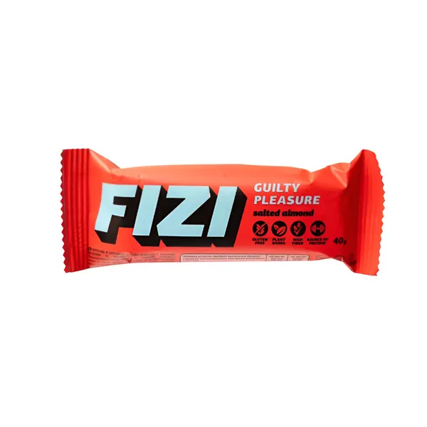 Batonėlis su šokolado glaistu SALTED ALMOND FIZI su saldikliais, 40 g