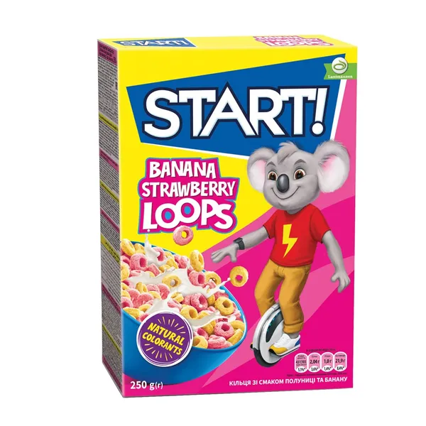 Braškių ir bananų skonio pusryčių dribsniai START!, 250 g