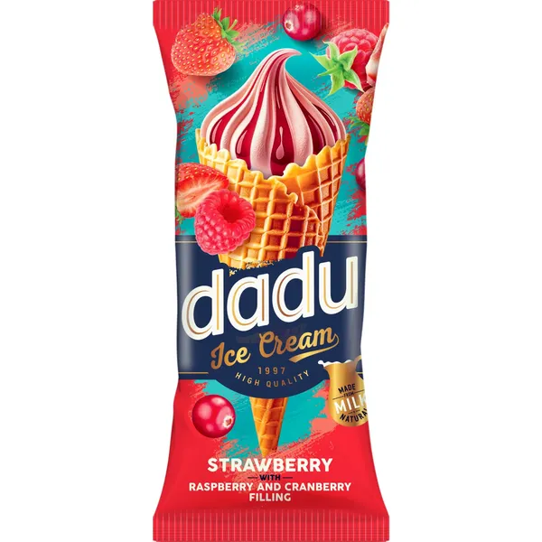 Braškiniai pieniški valgomieji ledai DADU, su aviečių ir spanguolių įdaru, 95 g /150 ml