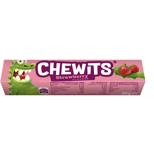 Braškių skonio kramtomieji saldainiai CHEWITS, 29 g