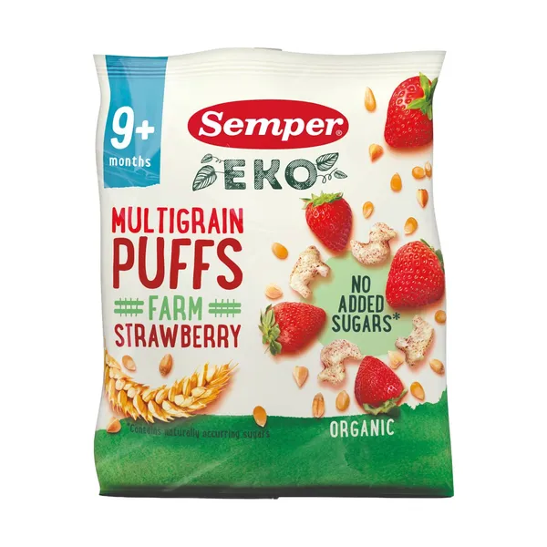 Pilno grūdo braškių skonio užkandis SEMPER EKO, nuo 9 mėnesių, 18 g