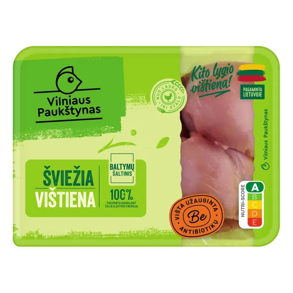 Šviežia viščiukų broilerių šlaunų mėsa be odos, be antibiotikų, 500 g.