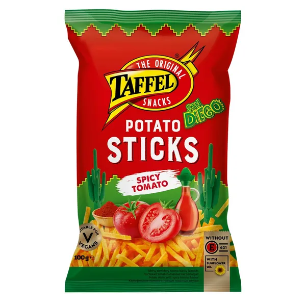 Bulvių traškučiai TAFFEL STICKS SPICY TOMATO, 100 g