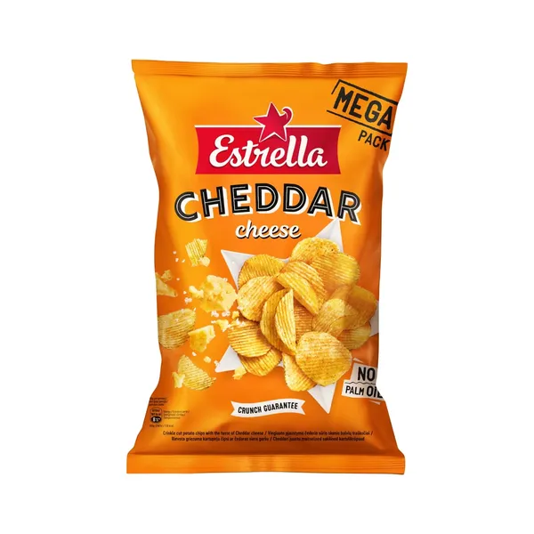 Vingiuoto pjaustymo čederio sūrio skonio bulvių traškučiai ESTRELLA, 250 g