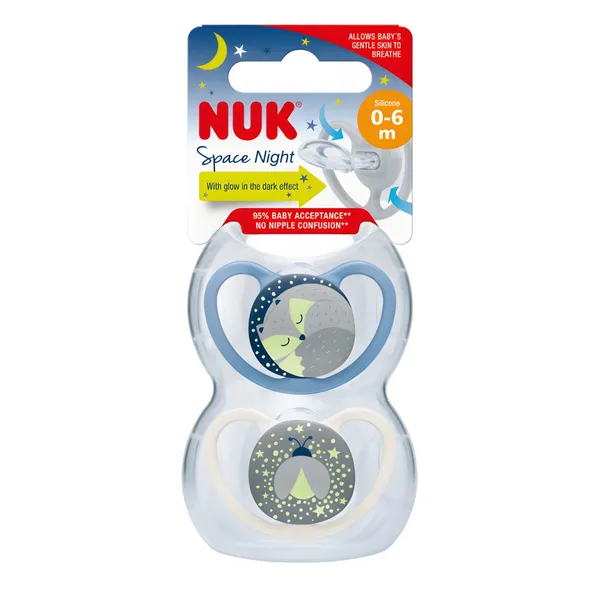 Raminantis silikoninis čiulptukas NUK KOSMINĖ NAKTIS, 0 - 6 mėn, 2 vnt