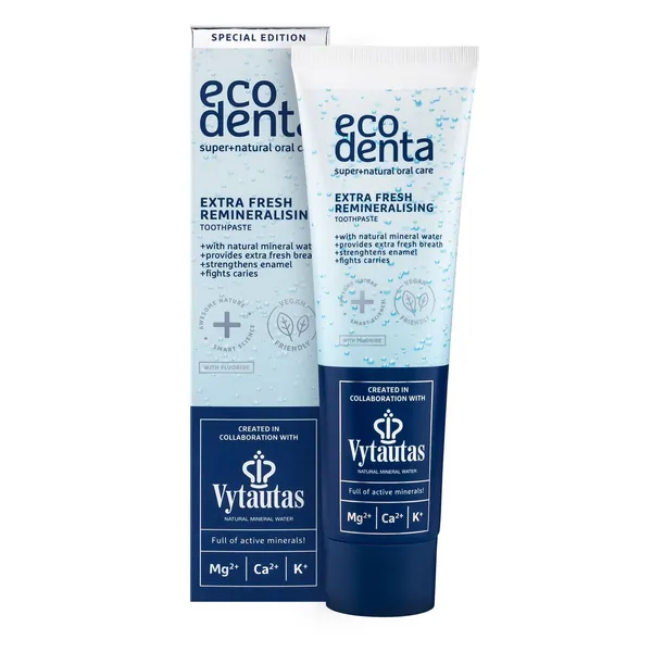 Dantų pasta ECODENTA ypač gaivi ir remineralizuojanti su Vytautas mineraliniu, 100 ml