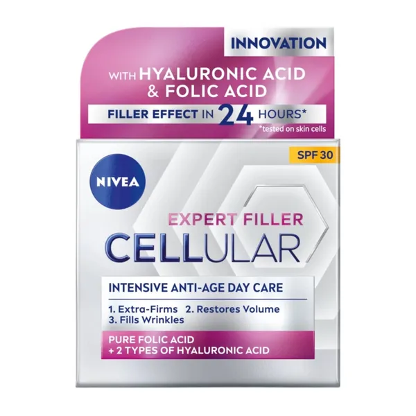 Dieninis kremas NIVEA CELLULAR EXPERT FILLER SPF30, senėjančiai odai su gryna folio rūgštimi ir hialurono rūgštimi, 50 ml